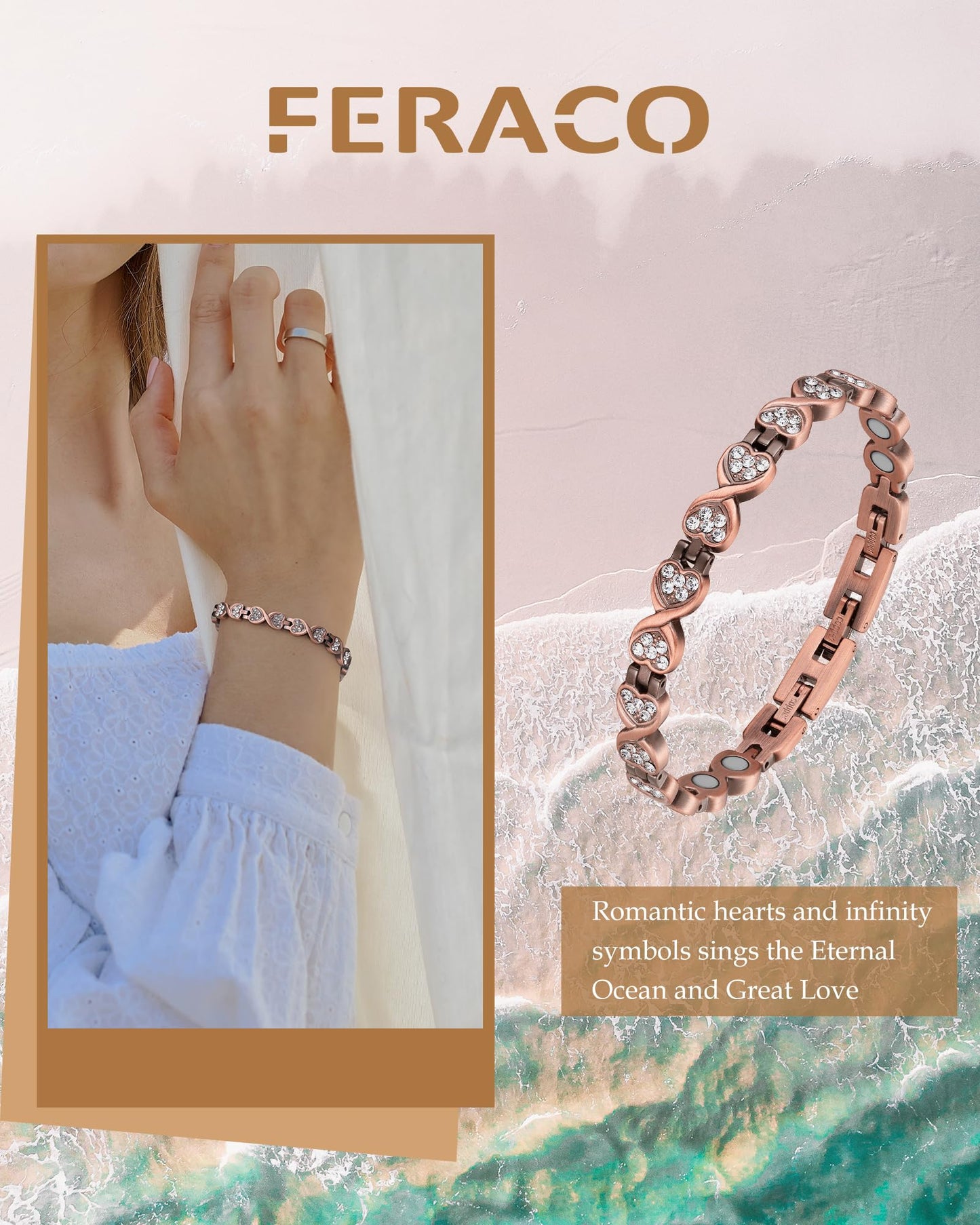 Feraco Copper Bracelet for Women Hand Forged 99.99% Solid Pure Copper Magnetic Bracelets with Pro Neodymium Magnets (Infinite Symbol Zirconia)