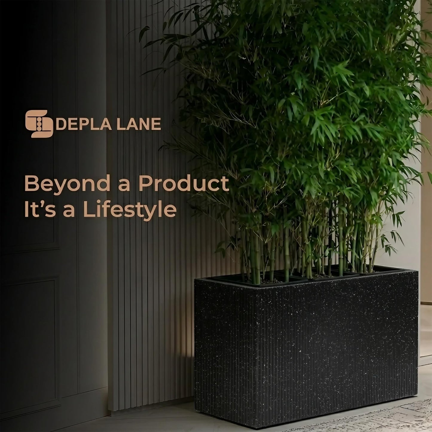DEPLA LANE Trevano Fiberstone Rectangular Planter (26" L x 9.8" W x 15.7" H) Ribbed Finish, Removable Inner Pots, Lightweight, Durable, UV Resistant, Modern Indoor Outdoor Plant Pot (M, Ribbed Black)