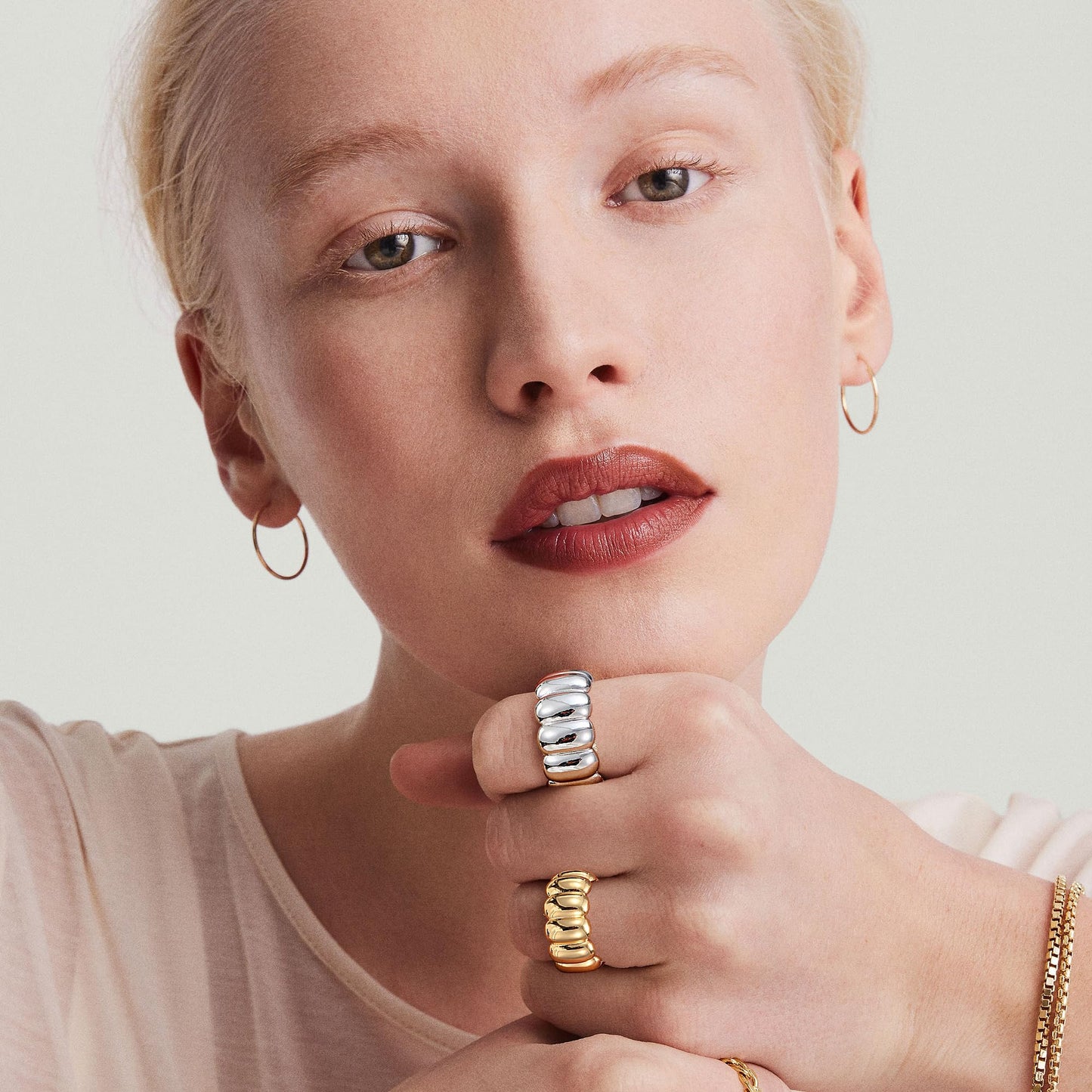 Punhem Chunky Gold Statement Rings for Women 14K Gold Silver Tone Non Tarnish Cute Puffy Dome Croissant Thumb Band High Polished Smooth Comfort Fit Size 5-10