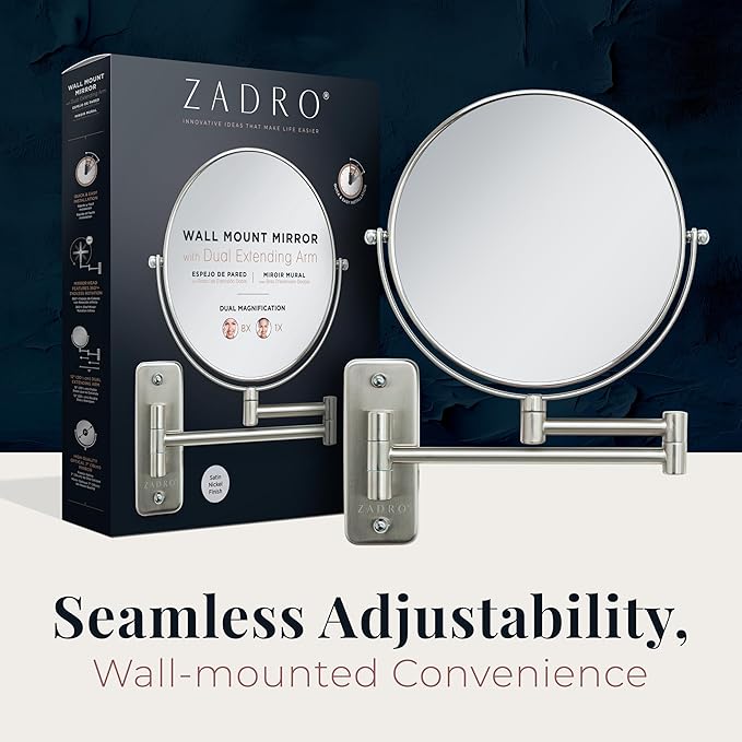 Zadro Two Sided Dual Arm Wall Mount Mirror, Satin Nickel, 5X-1X