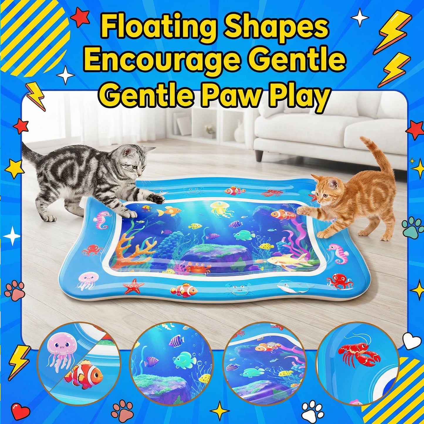 Aoioploa Cat Water Mat - Interactive Cat Toys Upgraded Thickened 0.7mm PVC Cooling & Heating Water Bed with Floating Fish, Anti-Scratch Leak Proof Foldable Water Sensor Play Mat for Cats
