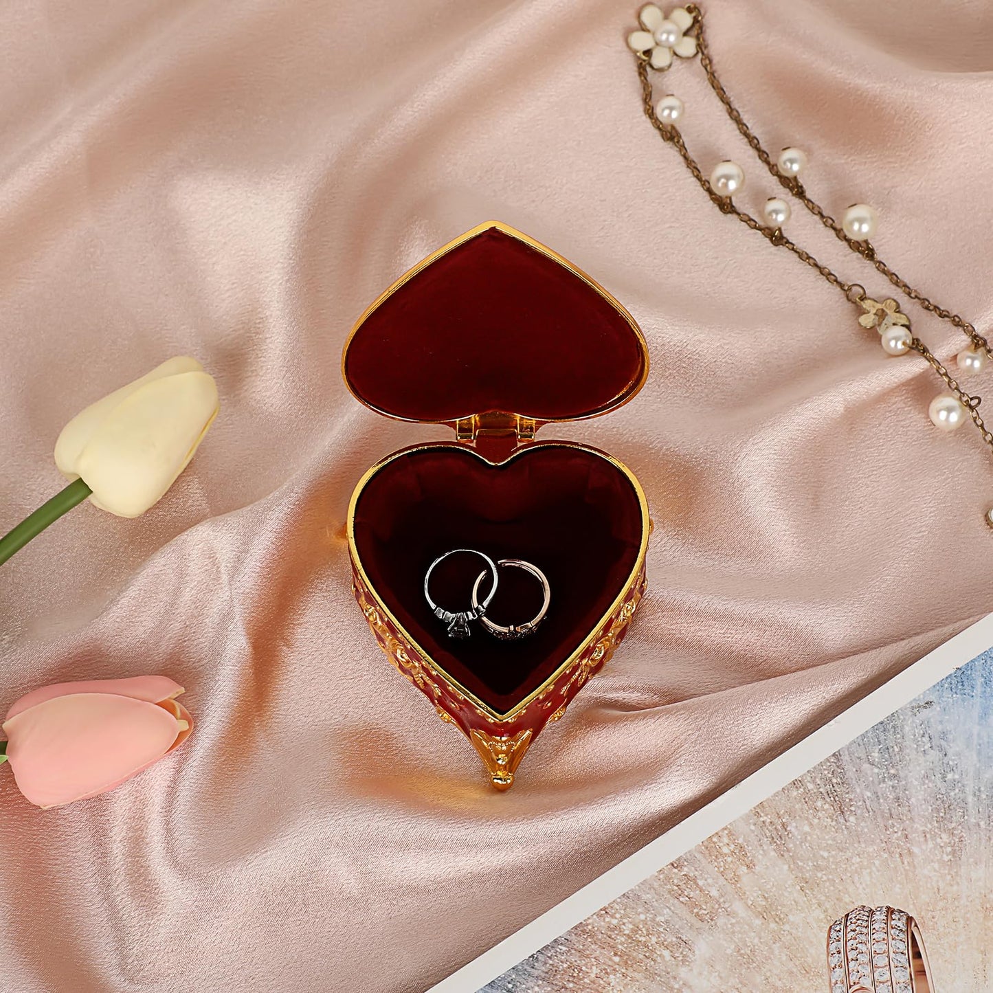 Hipiwe Heart Shape Jewelry Box Classic Metal Trinket Organizer Ring Storage Box with Rose Pattern Jewelry Storage Box for Ring Earrings Necklace, Gift for Women, Red