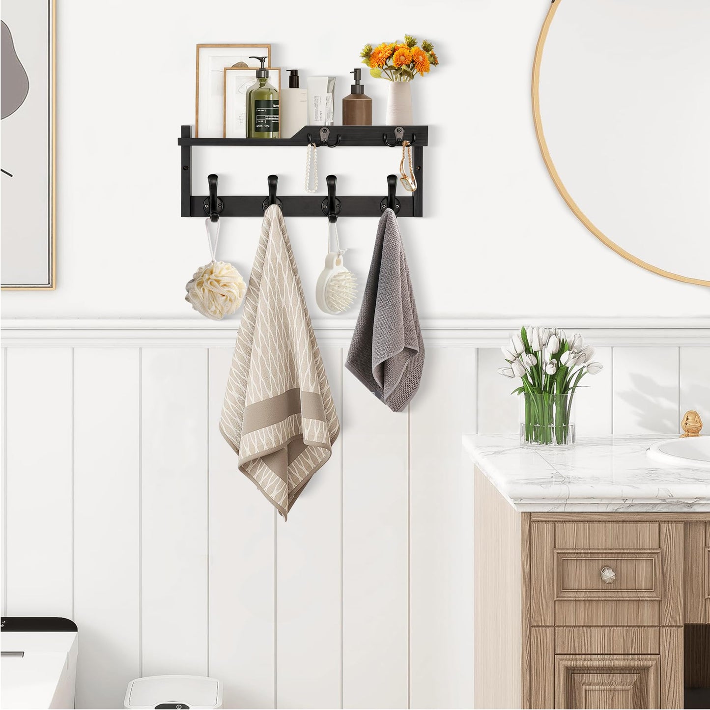 dreampossible Coat Rack Wall Mount with Shelf, Coat Hanger Wall Mount with Key Hooks and Mail Holder, Wood Entryway Floating Shelf with Hooks and Storage, Hat Rack for Wall Key Holder Mail Organizer