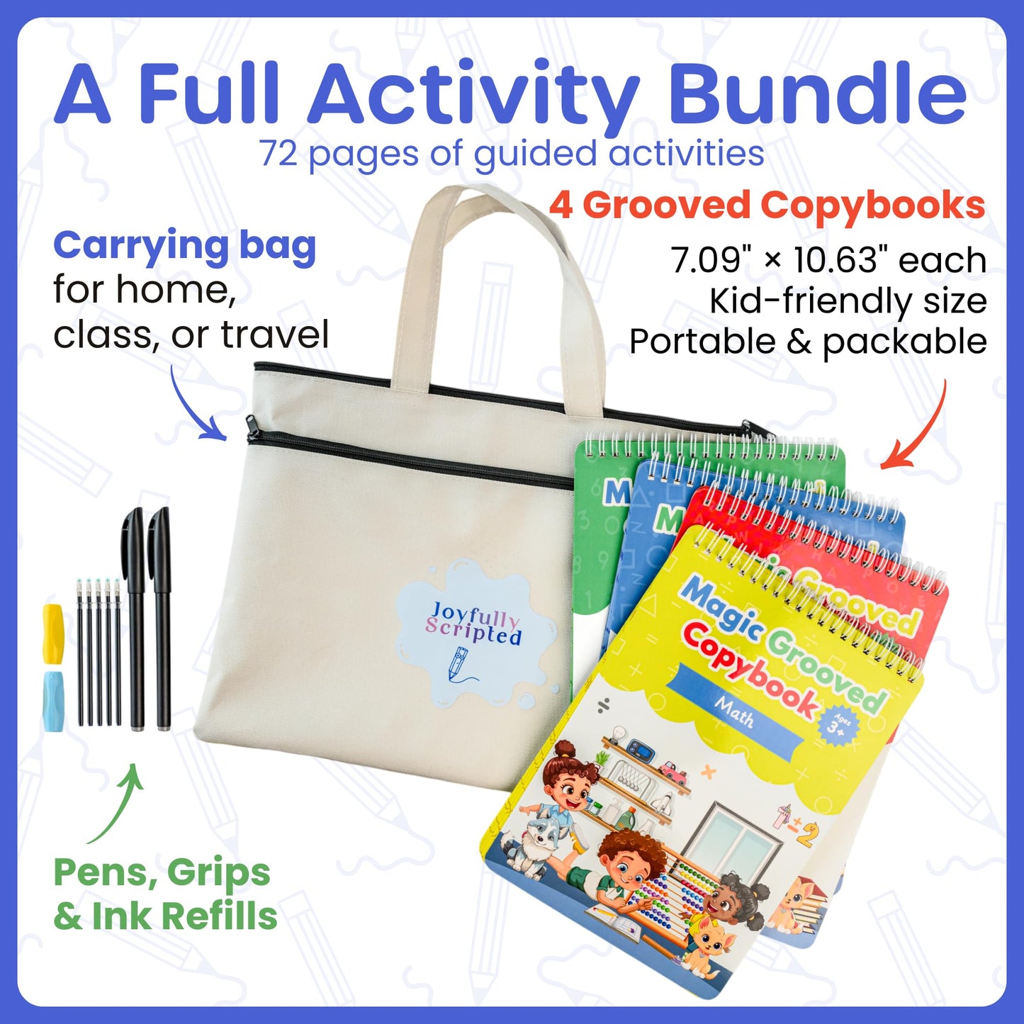 Magic Grooved Writing Practice for Kids – Reusable Grooved Handwriting Workbooks for Kids Workbook Ages 3-5, 6-8 & 8-10, Disappearing Ink & Carry Bag Letter Tracing Book, Alphabet Writing Practice Kit