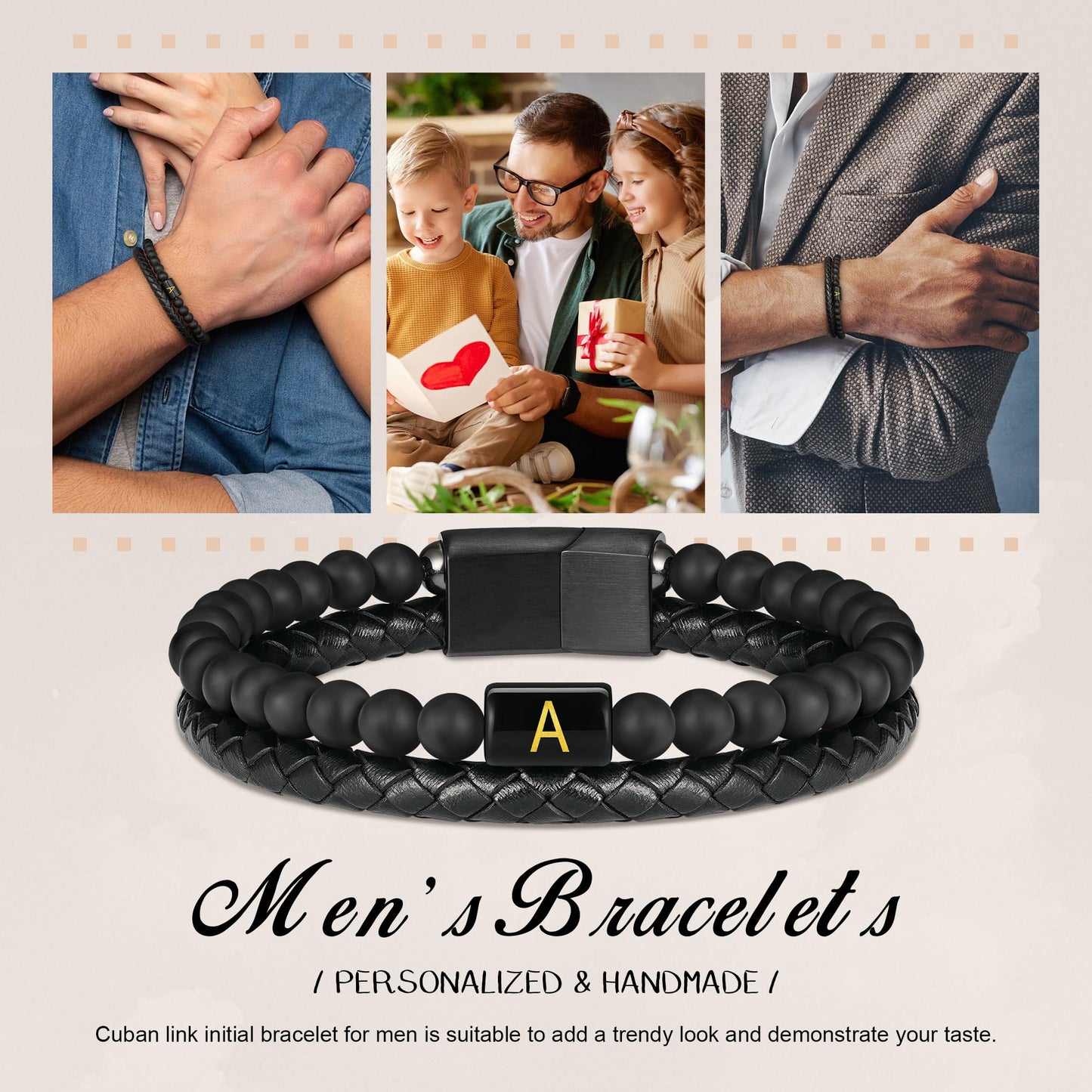 FOCOOG Mens Leather Bracelet with Initial - Black Matte Agate Bead Bracelet