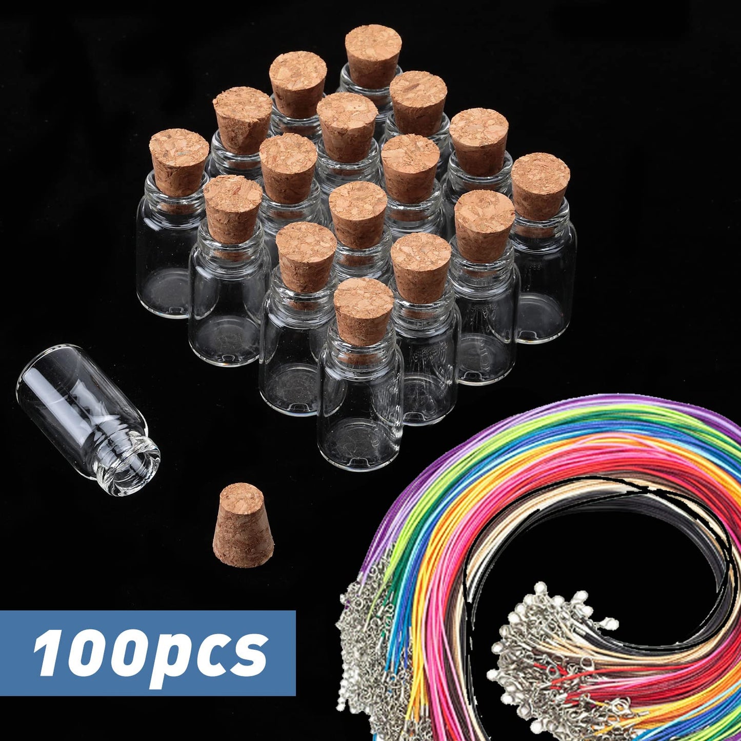 Mimorou 100 Pcs Mini Glass Bottles with Cork Stoppers 2 ml Clear Small Jars 0.07oz Glass Vials Sets DIY Decorative Wish Bottles, Including 100 Eye Screws 100 Ropes 10 Funnels