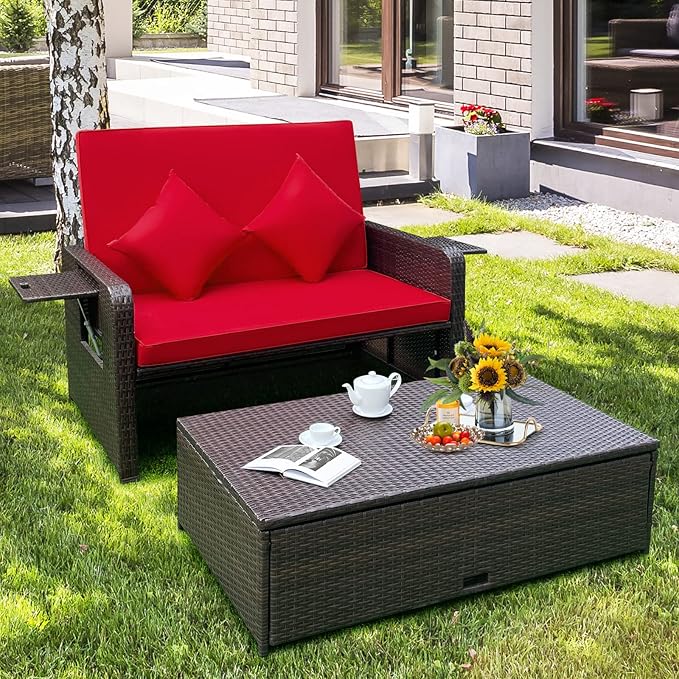 HAPPYGRILL Patio Rattan Wicker Daybed with Loveseat & Storage Ottoman, Outdoor Lounge Sofa Furniture Set with Adjustable Backrest & Side Trays, for Poolside Deck Porch Lawn (Mix Brown & Red)