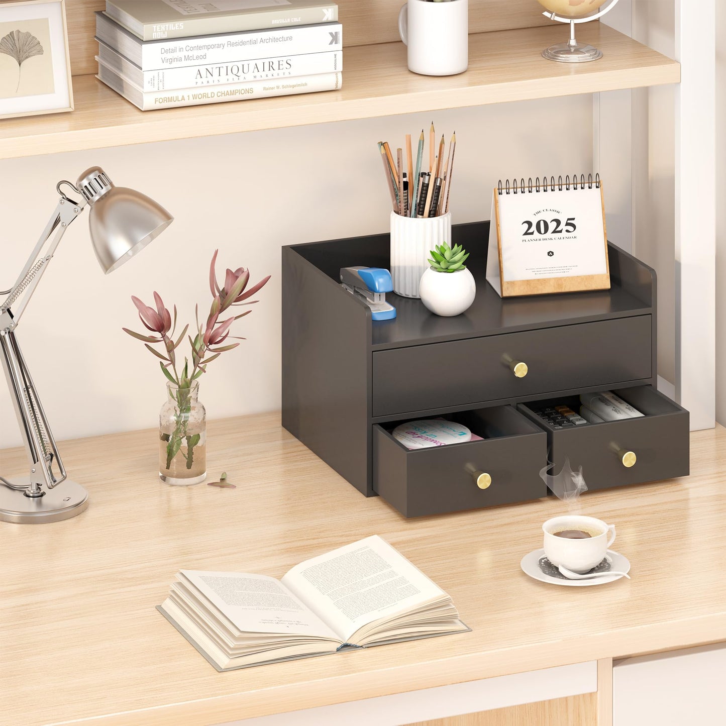 Xadgve Bamboo Desk Organizer - Stackable, No Assembly Required, Ideal for Office/Home Use - Perfect for Toiletries, Stationery, Accessories. (Black, Fence three Desk Organizer)