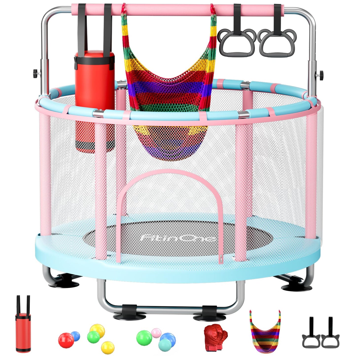 FitinOne 55" Toddler Mini Trampoline for Kids, Indoor Outdoor Toys with Swing, 440lbs Baby Kids Trampoline, Gymnastics Bar, Birthday Gifts for Boy Girl Age 1-8