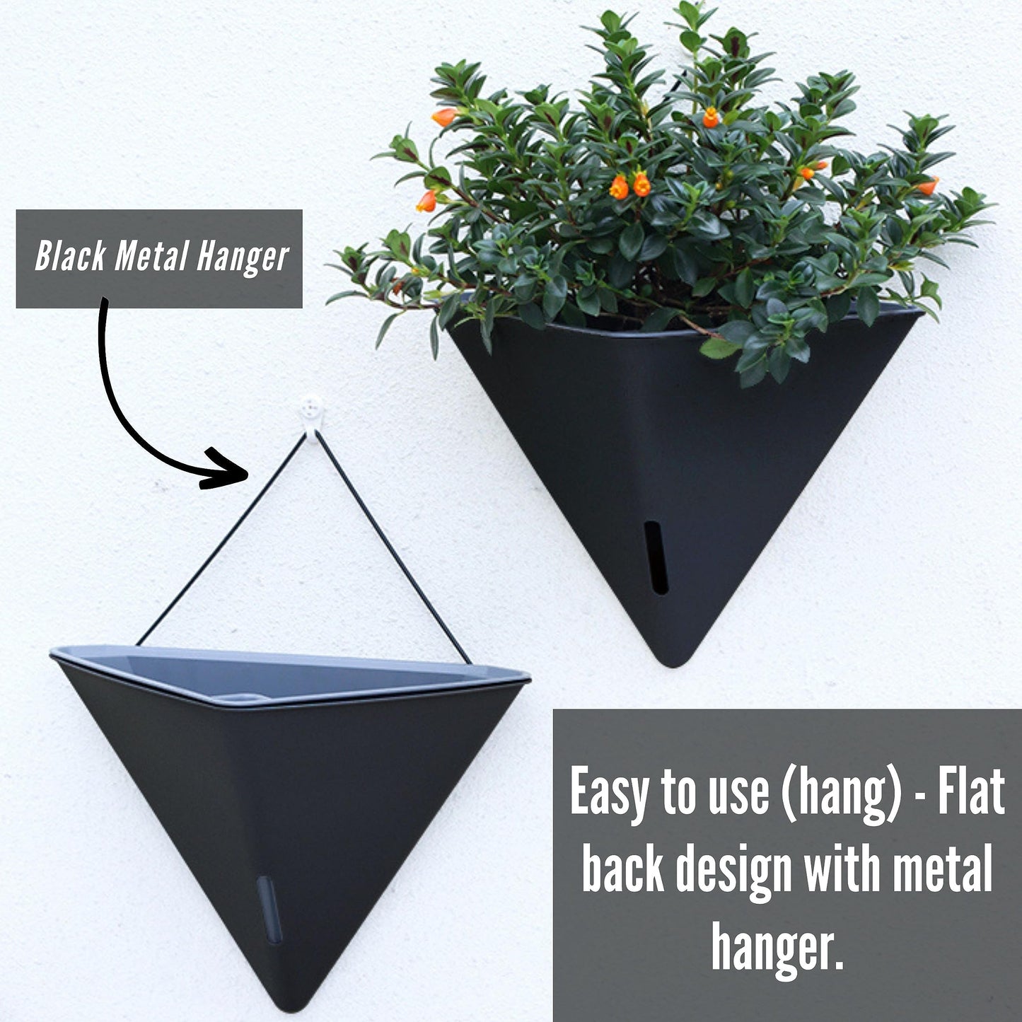 LaLaGreen Bundle - 12" x 6 Pack Black Large Self Watering Geometric Hanging Flower Vase Vessel with Metal Hanger, Modern Stylish Wall Mounted Succulent Pot Holder Decor