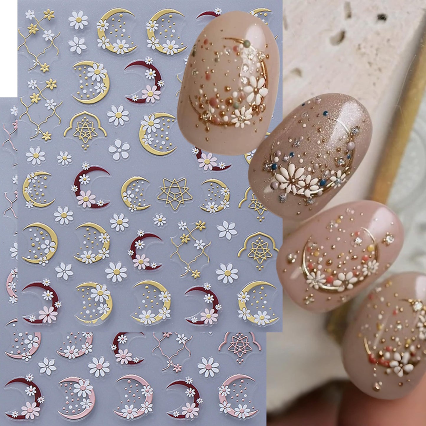 6 Sheets Daisy Moon Nail Art Stickers Flower Nail Stickers White Flower Nail Decals Cute Daisy Nails Supplies Gold Rose Gold Moon Daises Nail Design for Spring Summer DIY Nail Decorations Accessories