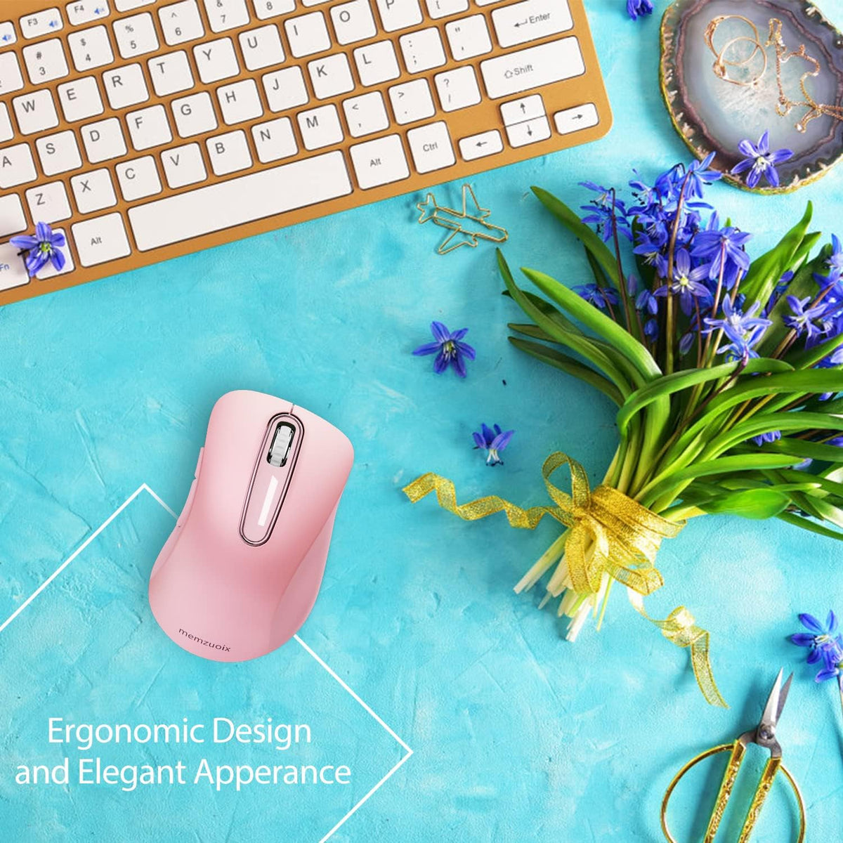 memzuoix 2.4G Wireless Mouse, 1400 DPI Mobile Optical Cordless Mouse with USB Receiver, Portable Computer Mice for Laptop, PC, Desktop, MacBook, 5 Buttons (Pink)