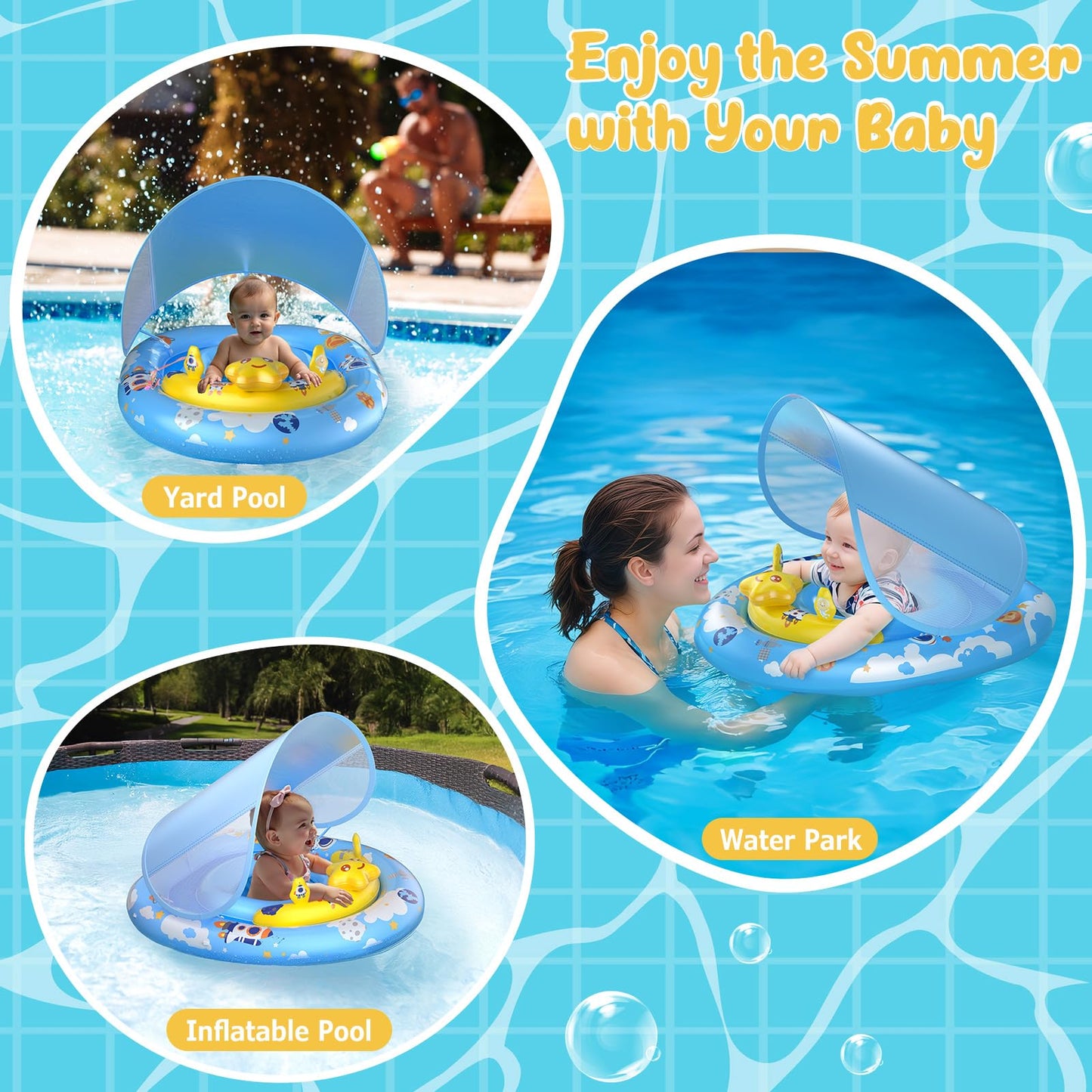 WayEee Baby Pool Float with UPF50+ Canopy - Inflatable Swim Float, Adjustable Safety Seat, Toy Play Console, Sun Protection for Baby 6-36 Months, Infant, Todder Summer Gift, Pool, Bathtub, Beach, Blue