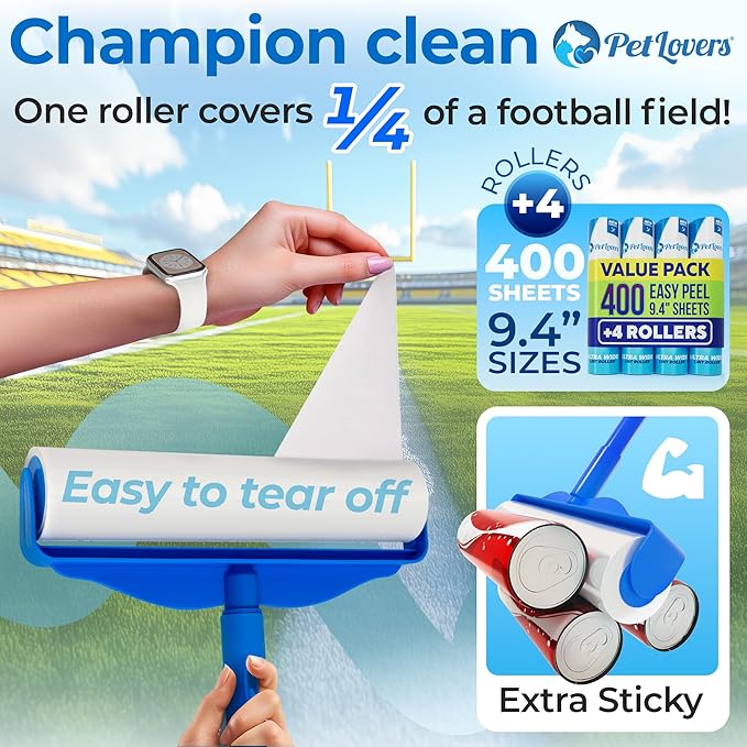 PetLovers Large Lint Roller with 3 Refills – 400 Total Sheets for Tackling Pet Hair, Extra Large Floor and Carpet Roller for Homes with Pets, Perfect for Floors, Furniture, and Loving Pet Owners