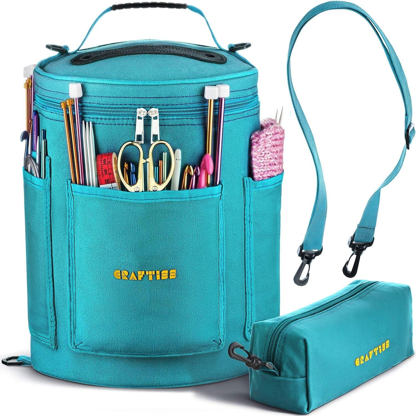 CRAFTISS Knitting Bag Yarn Storage - Mothers Day Gift - Durable Canvas Yarn Holder for Crochet Accessories - Organizer Crochet Bag with Knitting Accessories Case (Turquoise)