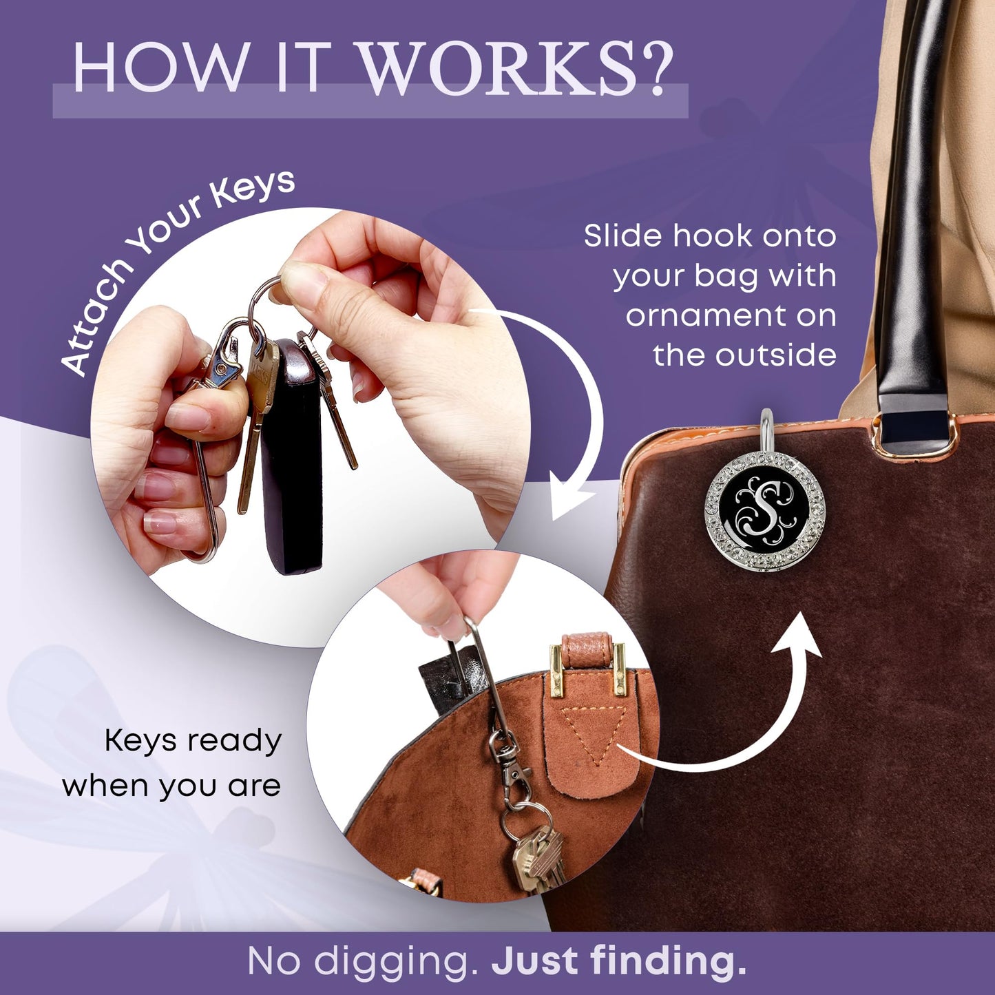 Women’s Bag Charm Key Finder, Car Keychain Hook, Cute Purse Organizer & Tote Bag Accessories, Gifts for Mom - Monogram S