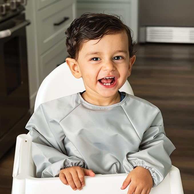 Tiny Twinkle Long Sleeve Bib for Babies & Toddlers – 2 Pack Waterproof Smock Bibs for Eating – Machine Washable & Mess-Proof, Baby Feeding Essential & Shower Must-Have (Grey Indigo,6–24M)