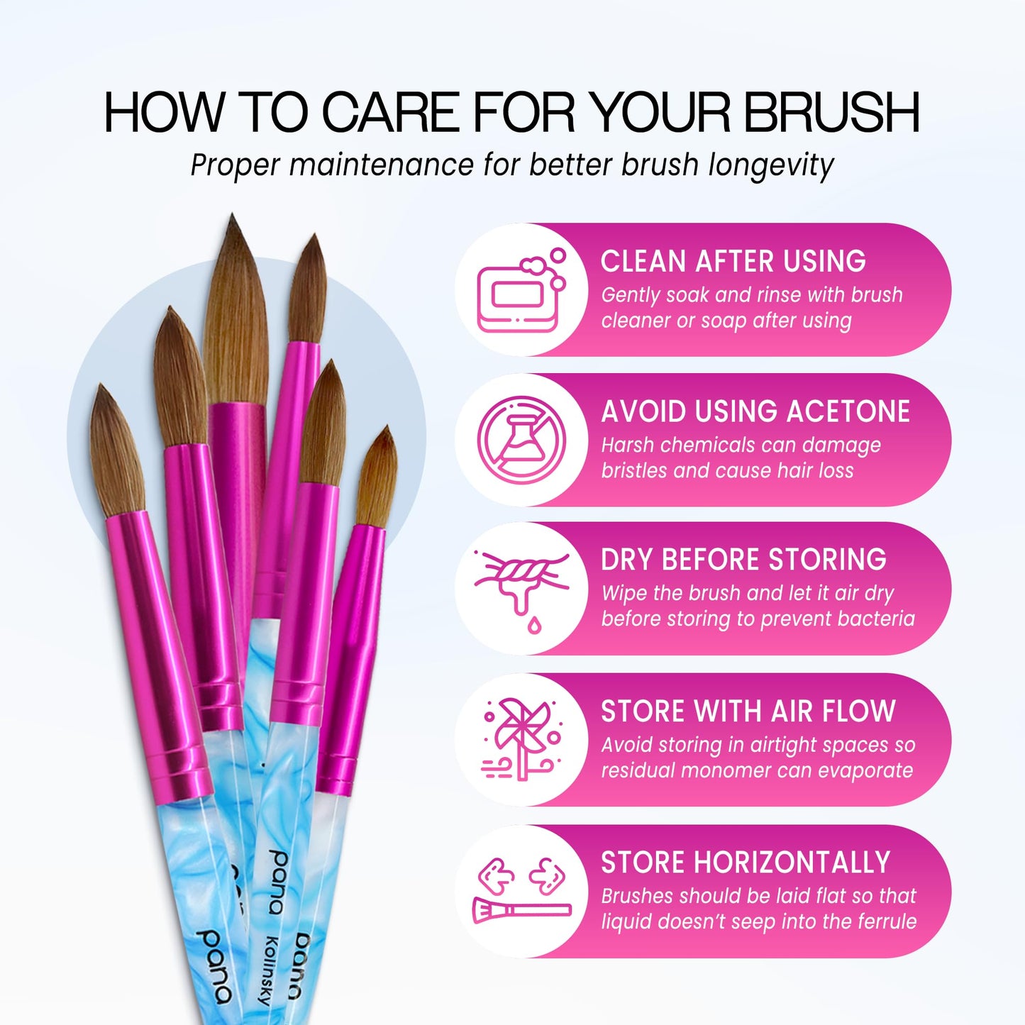 PANA USA Acrylic Nail Brush Pure Kolinsky Hair Acrylic White Swirl Blue Handle with Pink Ferrule Round Shaped - Size 8