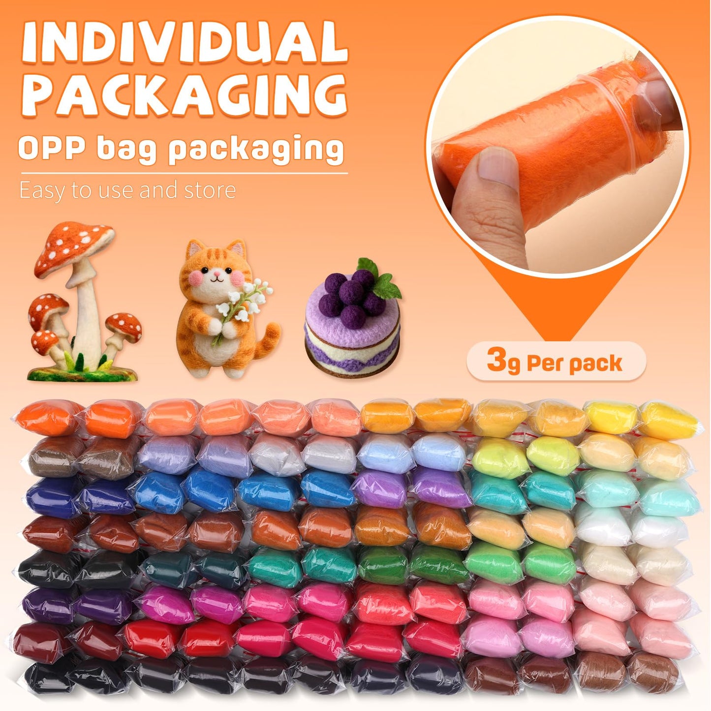 Mayboos 96 Pcs Needle Felting Wool, 48 Colors Wool Roving Yarn, Fiber Wool Roving for DIY Hand Spinning Needle Felting Wool Craft 3g/Pack