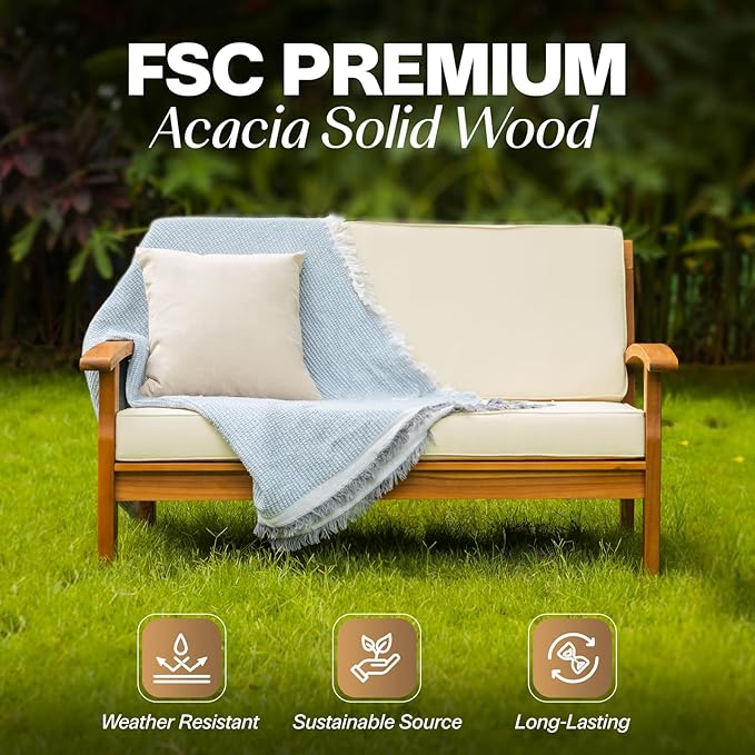Idzo Laurent 700lbs Capacity Acacia Outdoor Loveseat, FSC Certified 2 Seater Patio Sofa with 3.9in Thick Cushions, Teak Finish Porch Couch for Garden Backyard