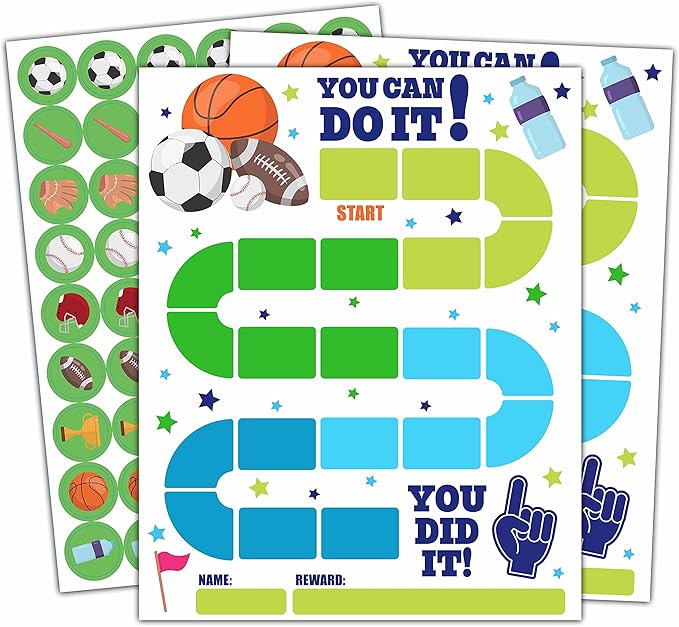 10 Sports Reward Chart with 216 Round Stickers, Incentive Behavior Chart for Kids at Home Classroom, Kids Routine Daily Chore Sticker Chart-A14