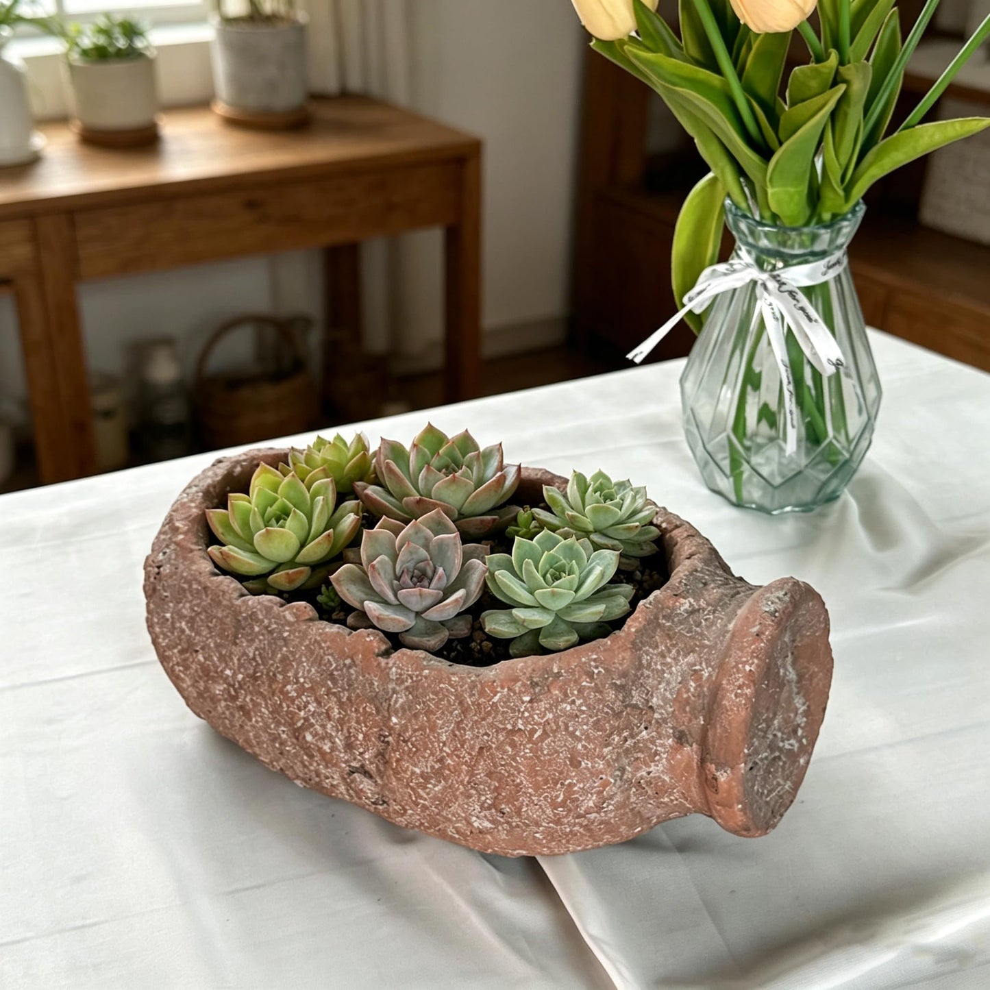 YUSNLAB Handmade Shallow Succulent Planter - 10 Inch Concrete Pot with Aged Stone Texture for Cactus, Aloe, Small Plants, Indoor/Outdoor Home Decor