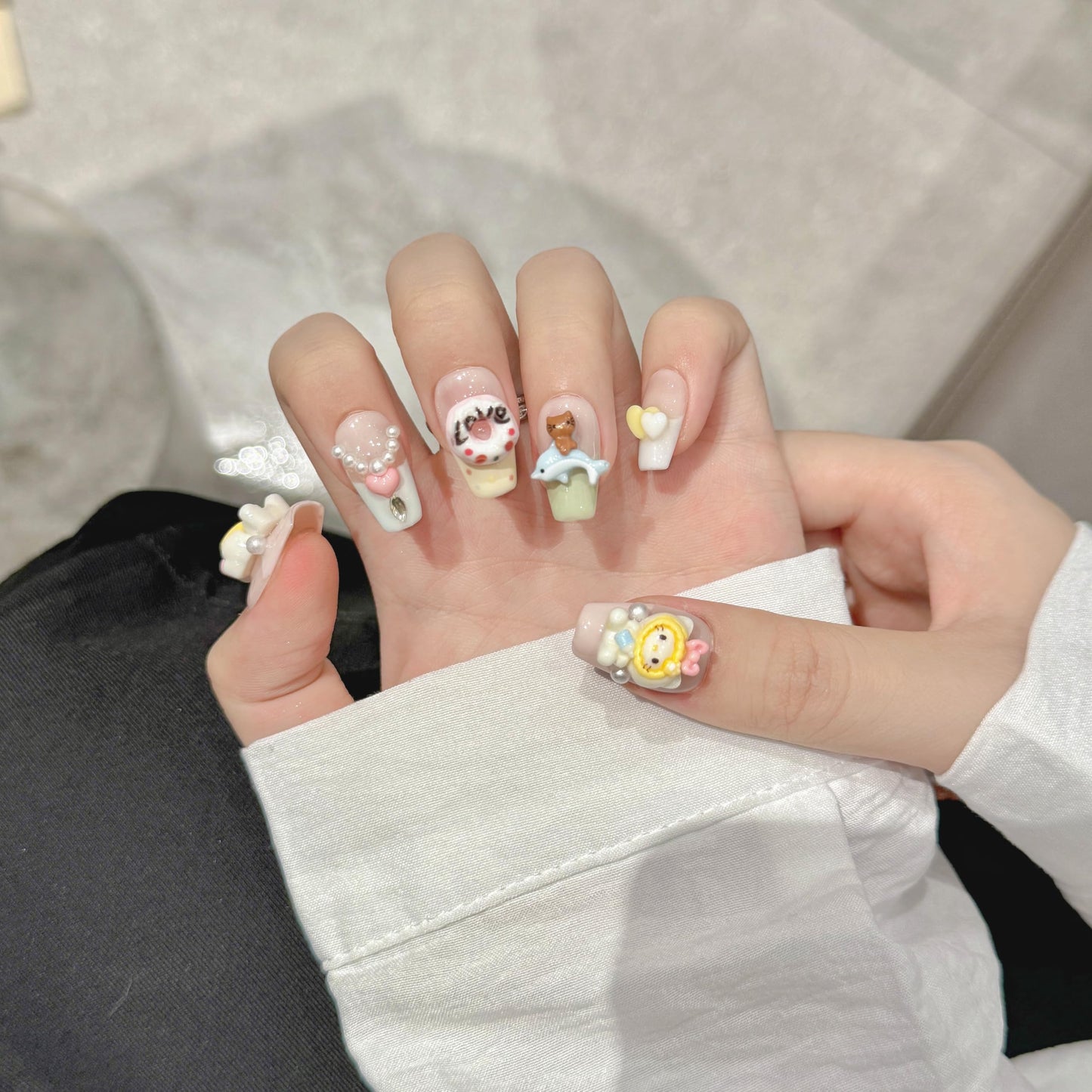 NLSJMP Acrylic colorful kitty Press on Nails Square,Reusable Handmade Kawaii heart pearl Gel Nails Press On, Luxury 3D fake nails designed kit,10 Nails Size S,#2408