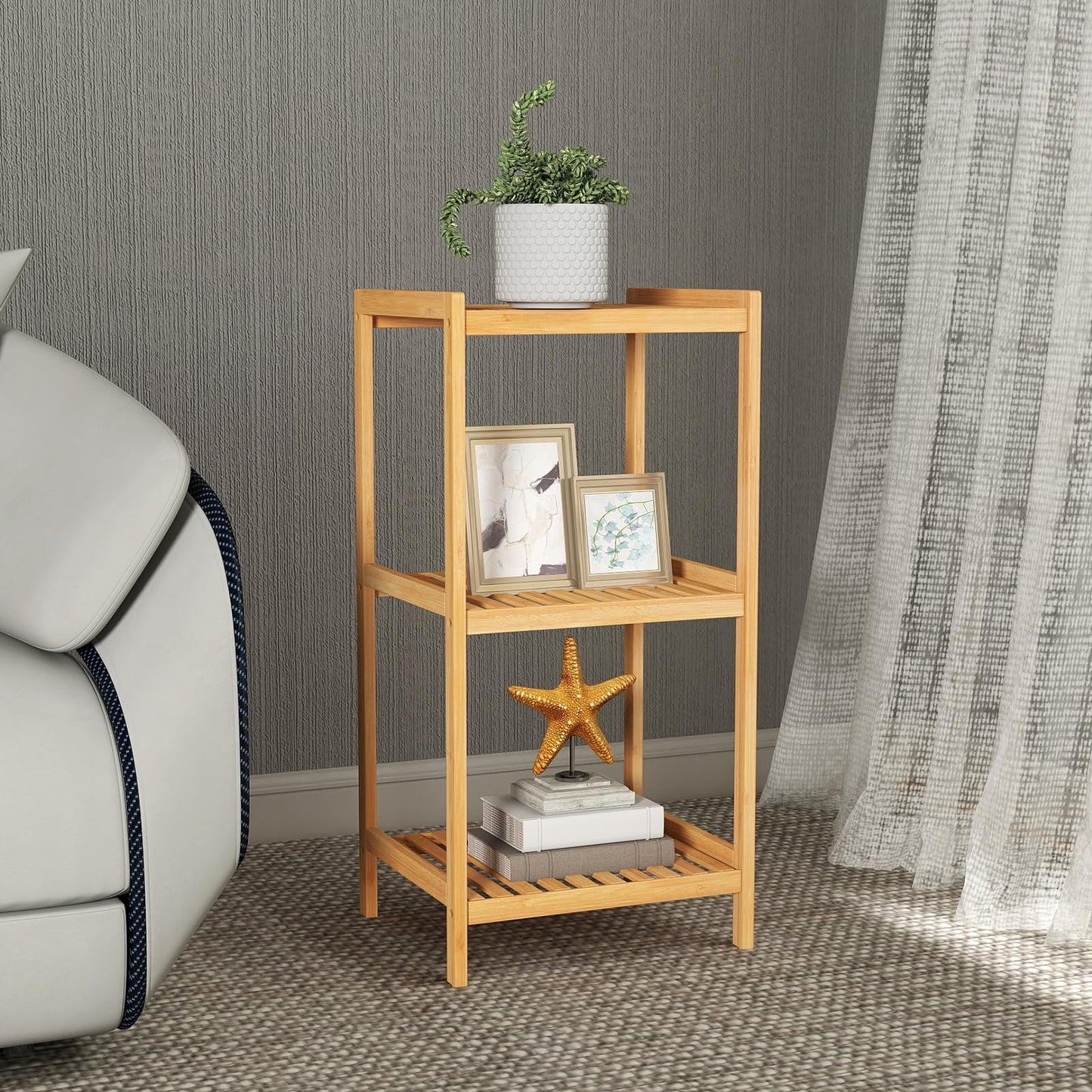 kinbor 3-Tier Bamboo Shelf Freestanding - Space-Saving Bathroom Standing Shelf & Plant Stand, 3 Shelf Bookcase for Kitchen, Living Room, Office (Natural Bamboo, Easy Assembly)
