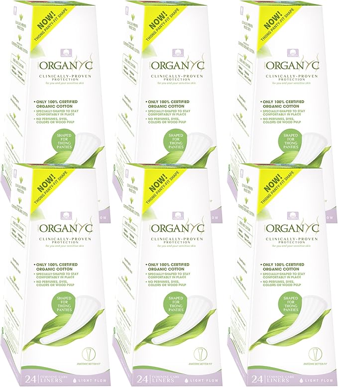 Organyc 100% Certified Organic Cotton Inside and Out Foldable Tanga Thong Panty Liners, Ultra Thin Liners for Women, Light Flow, 24 Count - 6 Packs