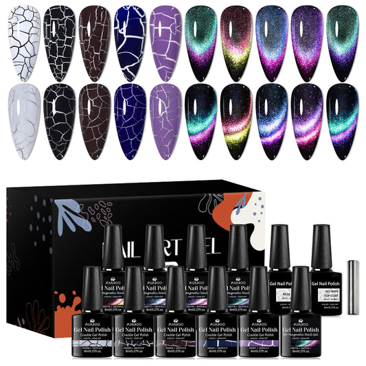 MSRUIOO 12PCS Crackle Gel Nail Polish + 9D Cat Eye Gel Polish Set Magic Black Crackle Nail Polish Magnetic Cat Eye Effect Manicure DIY Nail Art 10 Colors