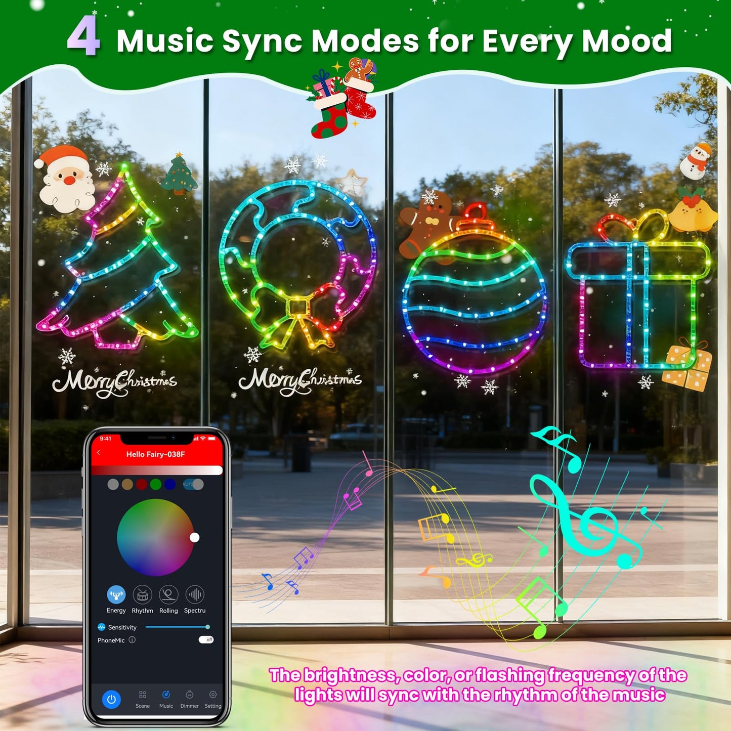 RESHAKE 4 Pack Smart Christmas Window Lights, RGB LED Silhouettes Light, Xmas Tree, Wreath, Gift Box & Ball with Music Sync, APP Control, Timer & DIY Mode for Indoor Outdoor Holiday Decor