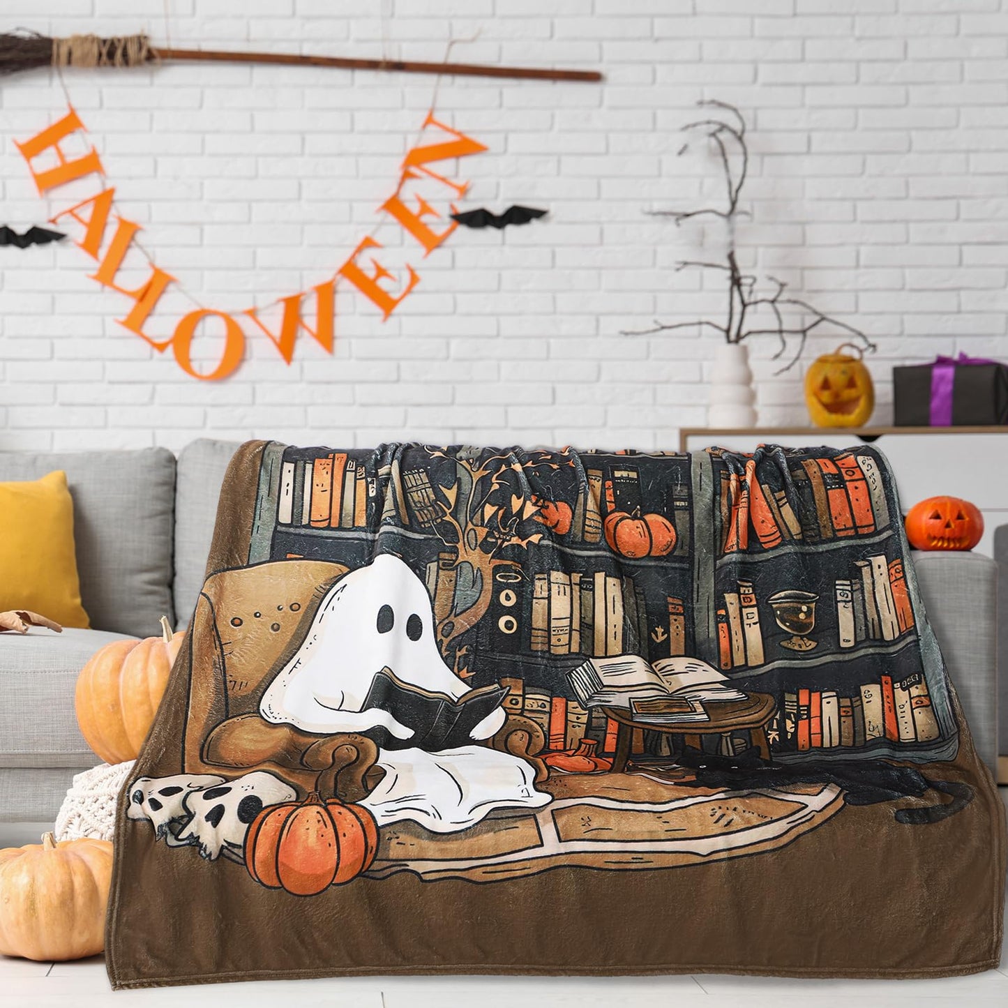 SmoothNovelty Book Lovers Gifts Throw Blanket 60 x 50 Inch Reader Blankets Book Club Horror Gifts Basket Stuffers for Women Bookworm Bookish Librarian Reading Basket(Ghost)