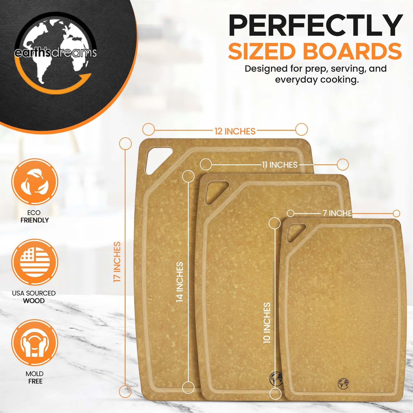 Composite Wood Cutting Board Set of 3 – Dishwasher Safe, Non-Toxic & Plastic-Free Cutting Boards for Kitchen – Large, Medium & Small Non-Slip Wood Charcuterie & Chopping Boards (Tan/Juice)
