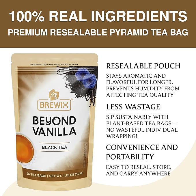 BREWIX, Vanilla Caramel Dessert Tea (25 Pyramid Black Tea Bags) | Naturally Flavored, Caffeinated & Sugar-Free | A Cozy & Indulgent Brew for Anytime Cravings
