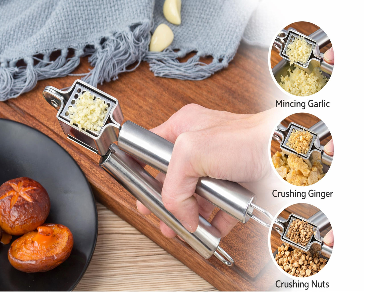 Garlic Press Stainless Steel Heavy Duty | Ergonomic Easy-Press Garlic Mincer for Arthritis & Weak Hands | Easy to Clean, Dishwasher Safe Manual Garlic Crusher for Home Kitchen