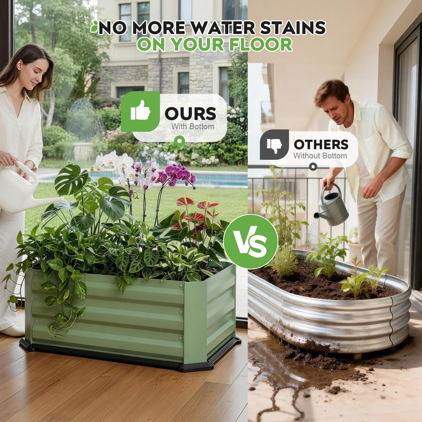 2 Pcs Galvanized Raised Garden Bed with Bottom, Indoor Metal Raised Garden Beds, Easy Assembly No leaks & Rust-Proof Flower Bed, Outdoor Planter Box for Vegetables, Herbs, Patio, Balcony, Green