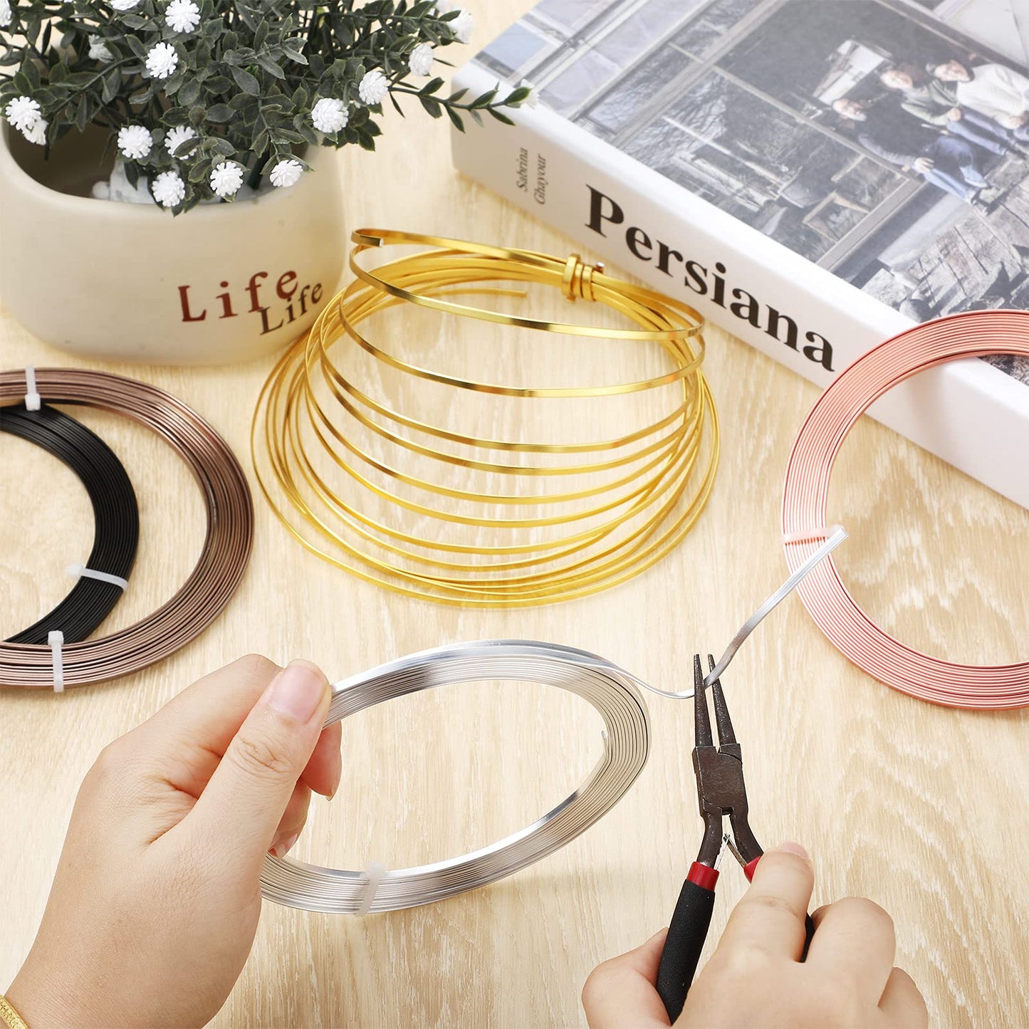 Hotop 5 Rolls Flat Aluminum Wire Bendable Anodized Craft Wire for Jewelry Making Soft Metal for DIY Bezel Sculpting, 16.4 Feet 3 mm, Gold, Silver, Black, Light Copper, Brown