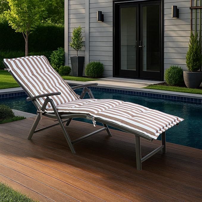 Kozyard Cozy Aluminum Reclining Lounge Chair - Perfect for Beach, Yard, Pool, and Patio Outdoor Chaise Lounge with Drink Holder, Weather Free Adjustable Assemble Free Beige Strip