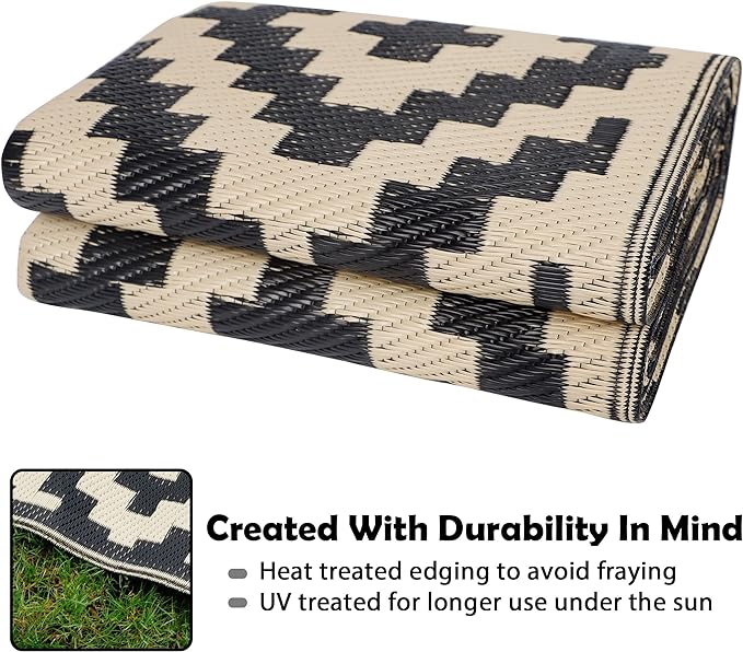 SAND MINE Waterproof Outdoor Rug 5x8 ft, Plastic Reversible Rug, Modern Area Rug, Large Floor Mat for Outdoors, RV, Patio, Backyard, Deck, Picnic, Beach, Camping, Black & Beige