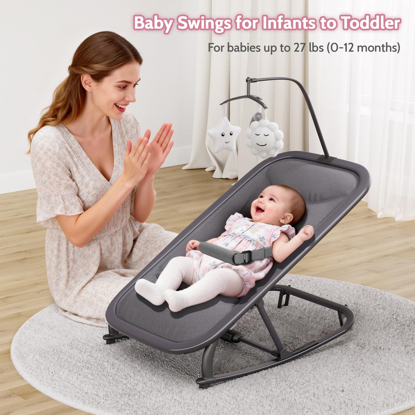 Jojoka Baby Swing for Infants, 3-Position Recline Baby Rocker with Toy Bar, Portable Infant Swing Chair with Lockable Stationary Mode, Lightweight Aluminum Frame, Grey