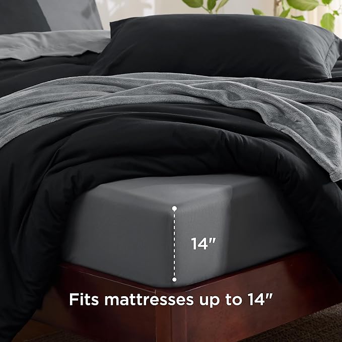 Bedsure Queen Comforter Set Black, 8 Pieces Prewashed Queen Size Bed in a Bag with Soft Fleece Bed Blanket, Down Alternative Bedding Set for All Seasons, Sheets, Pillowcases & Shams