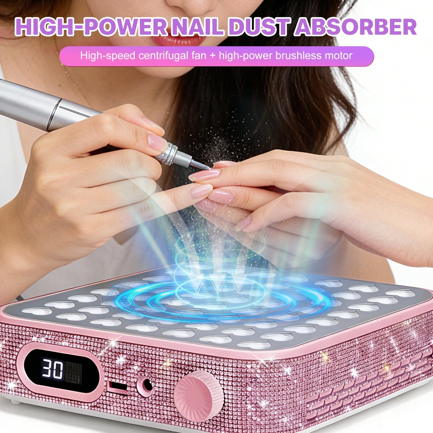 Nail Dust Collector - Nail Fan Dust Collector Compact Salon Tool for Acrylic Nails Polishing, Nail Salon Home (Pink)