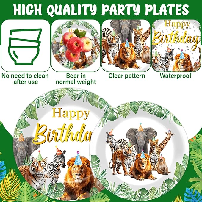 96Pcs Jungle Animals Plates and Napkins Safari Happy Birthday Party Decorations Zoo Party Dessert Plates Wild Animals Lion Tiger Theme Tableware for 24 Guests Men Woman Adults Birthday Supplies