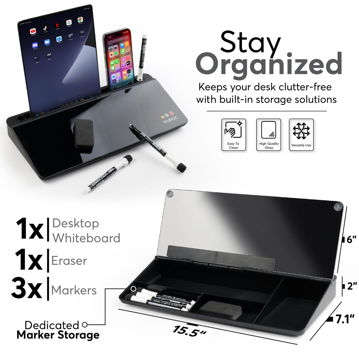 HURUC Small Glass Desktop Whiteboard with Storage,15.3"x7.08"x2.16" inch Desktop Dry Erase Board with Markers & Duster, Desk White Board Buddy Organizer for Home, Office, School (Black)
