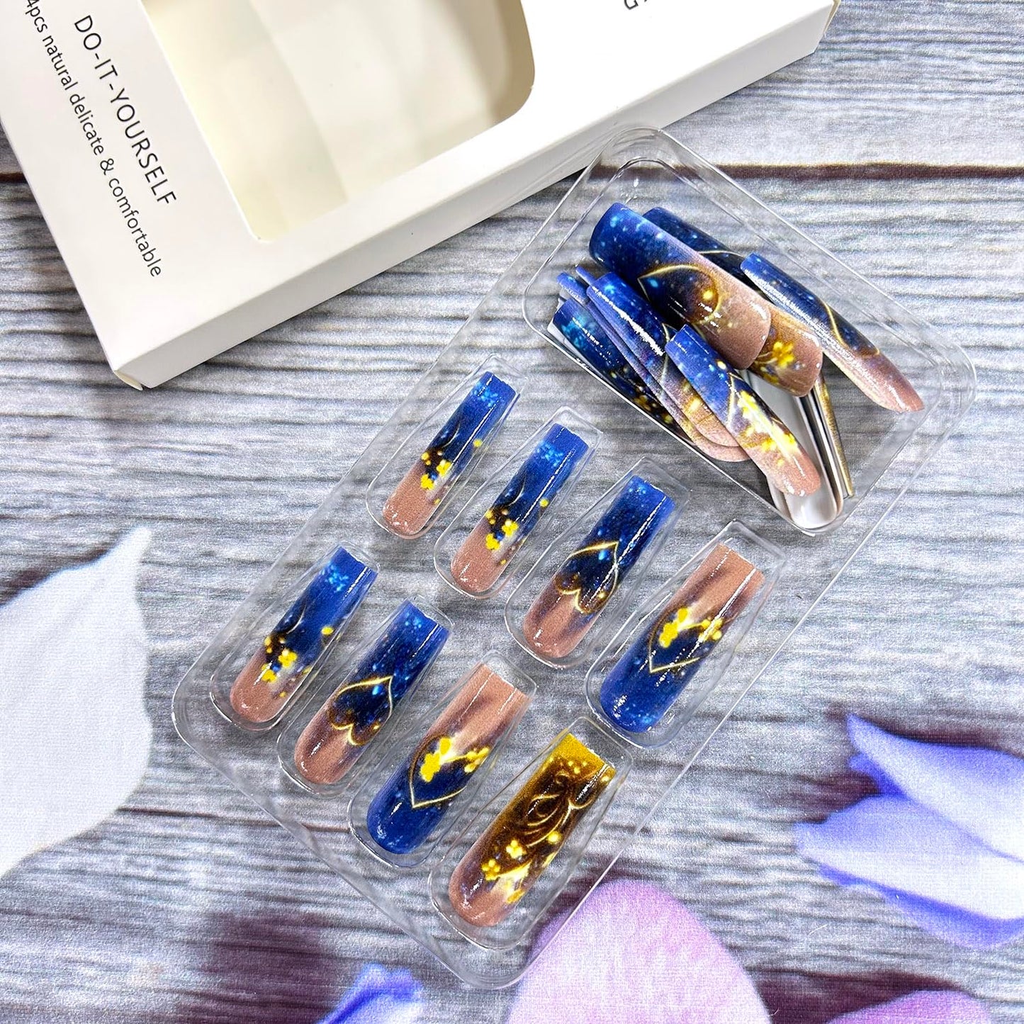 Gold Love Heart Acrylic Nails Blue Gradient Valentine's Press on Nails Square Golden Flowers and Heart Pattern Design Valentine's Nails Artificial Coffin Nails Glossy Glue on Nails for Women