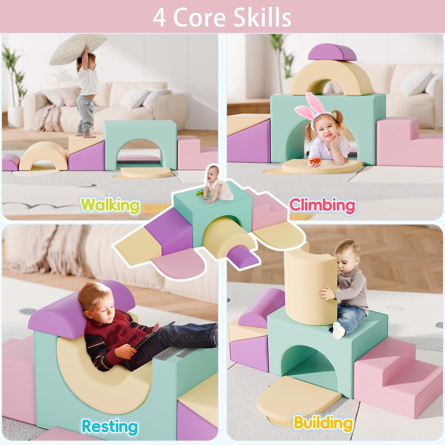 TOLEAD Soft Foam Climbing Blocks Set – Large 5-in-1 Soft Play Toys Crawling & Sliding Climbing Arch for Toddlers, Foam Playset for Nursery,Preschool,Pink