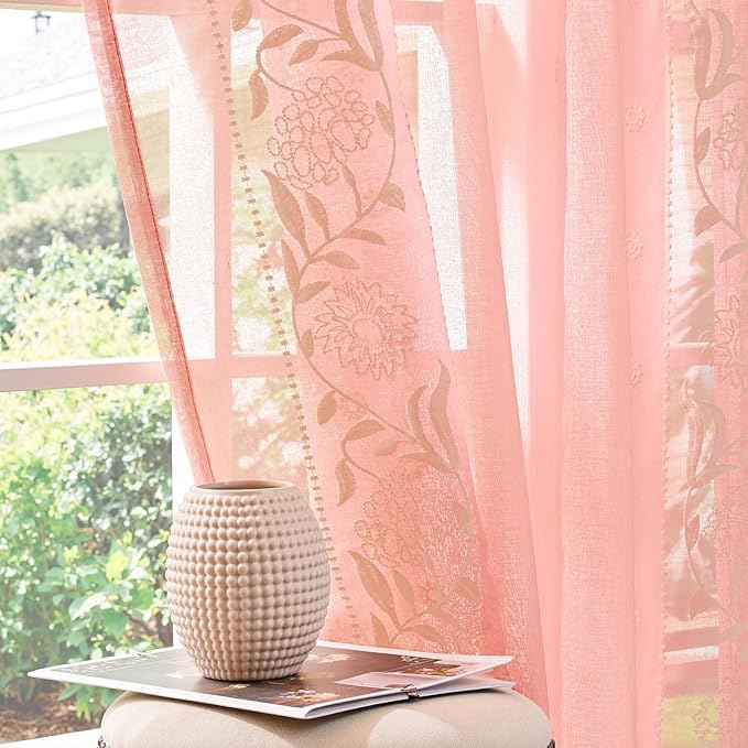 jinchan Winslow Sheer Curtains 96 Inch for Bedroom Living Room Embroidered Bordered Floral Nursery Curtains for Girls Room Light Filtering, Beige on Pink, 2 Panels, 50W x 96L