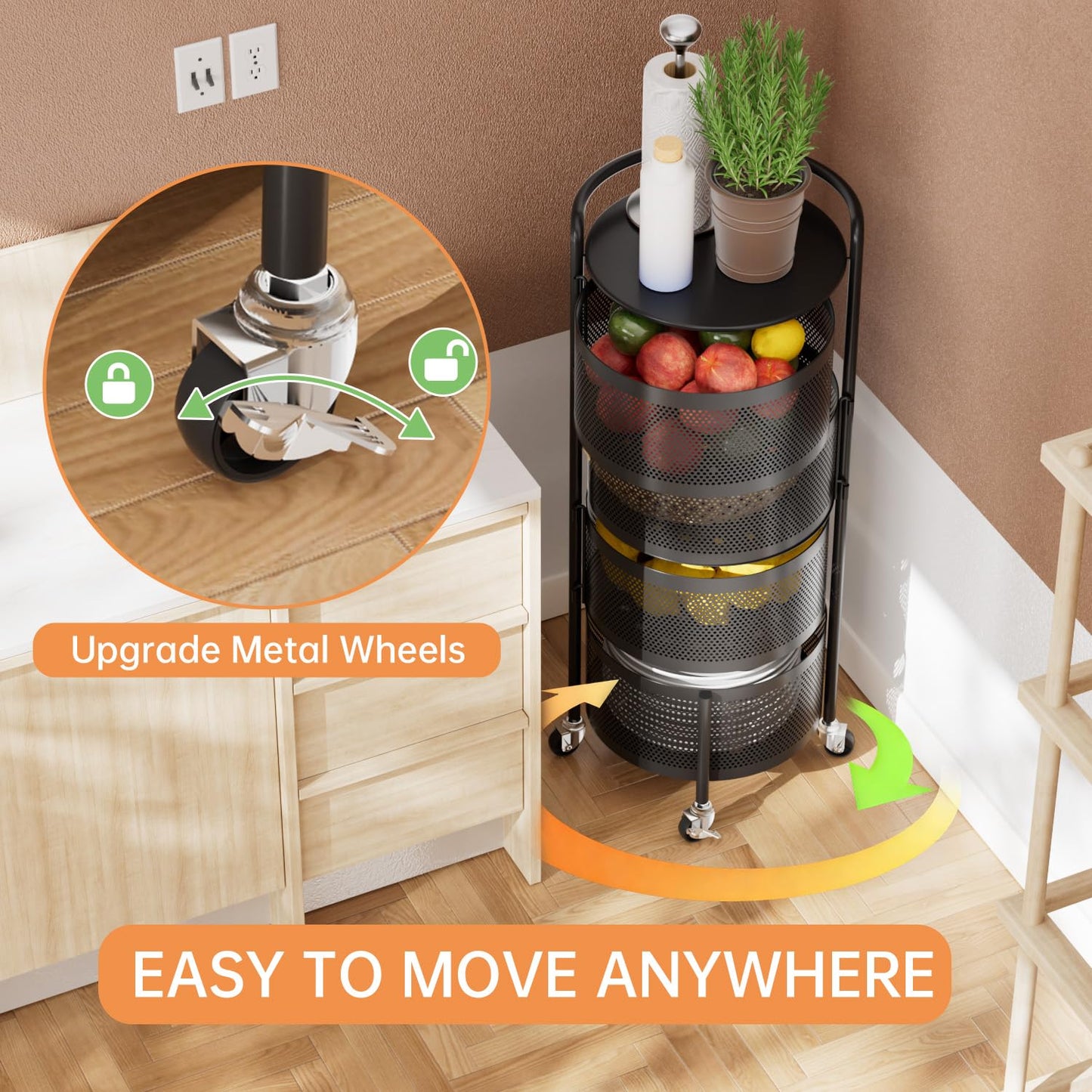 JAQ No Assembly Kitchen Storage Cart with Wheels, 4-Tier Rotating Vegetable & Onion Storage Rack, Metal Produce Organizer for Potato, Fruit and Pantry, Black