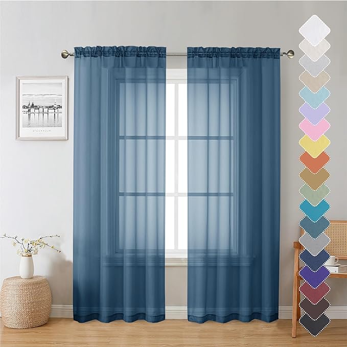 Lecloud Dusty Blue Sheer Curtains 72 Inches Long 2 Panels, Light Filtering Voile Curtain Drapes for Kitchen Bedroom Windows, Dual Rod Pocket Living Room Sheer Curtains, 40 W x 72 L Inches
