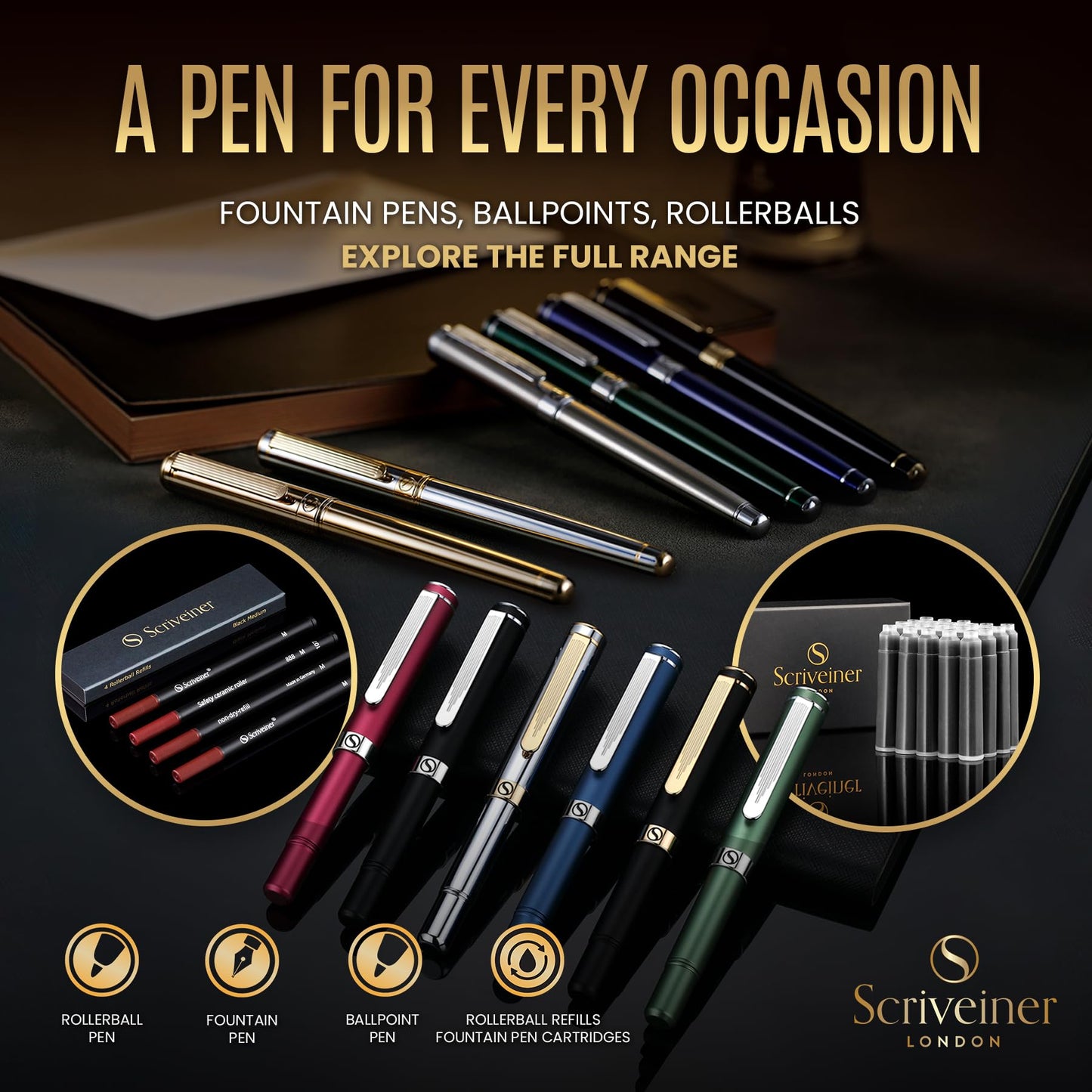 Scriveiner Heavy Gold Rollerball Pen, Award Winning Luxury Pocket Pen with gold plating Finish, German Schmidt Refill, Best EDC Writing Gift Set for Men & Women, Nice Fancy